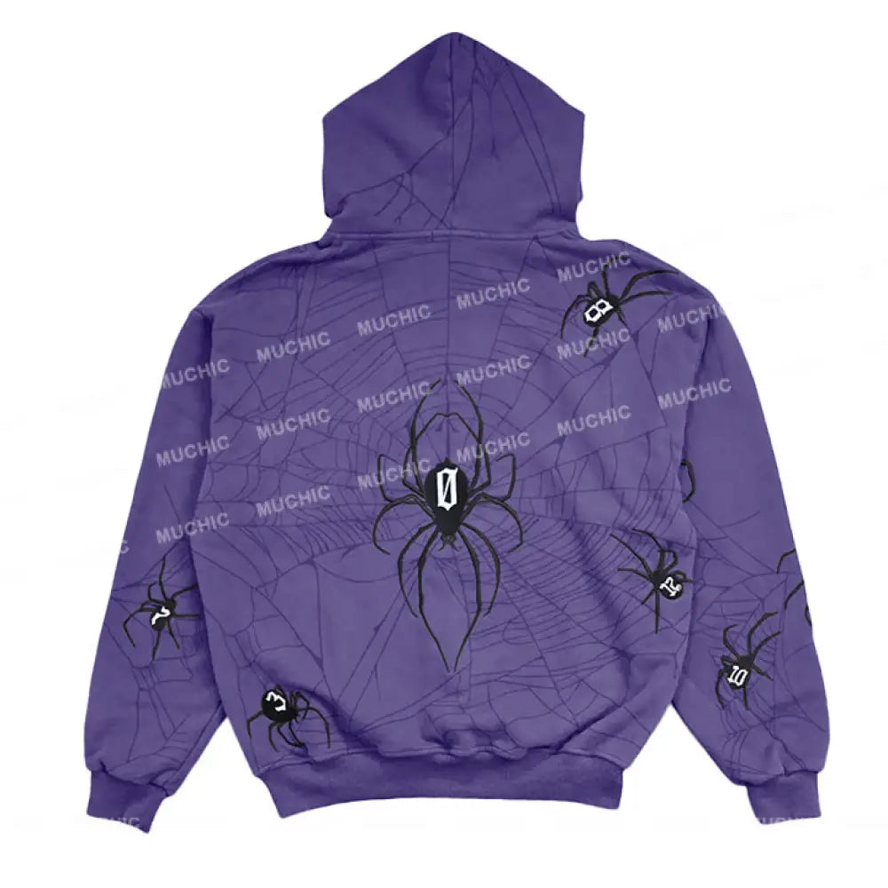 Muchic Unisex Spider Embroidered Long Sleeve Hoodie Purple / S Hoodies-Sweatshirts