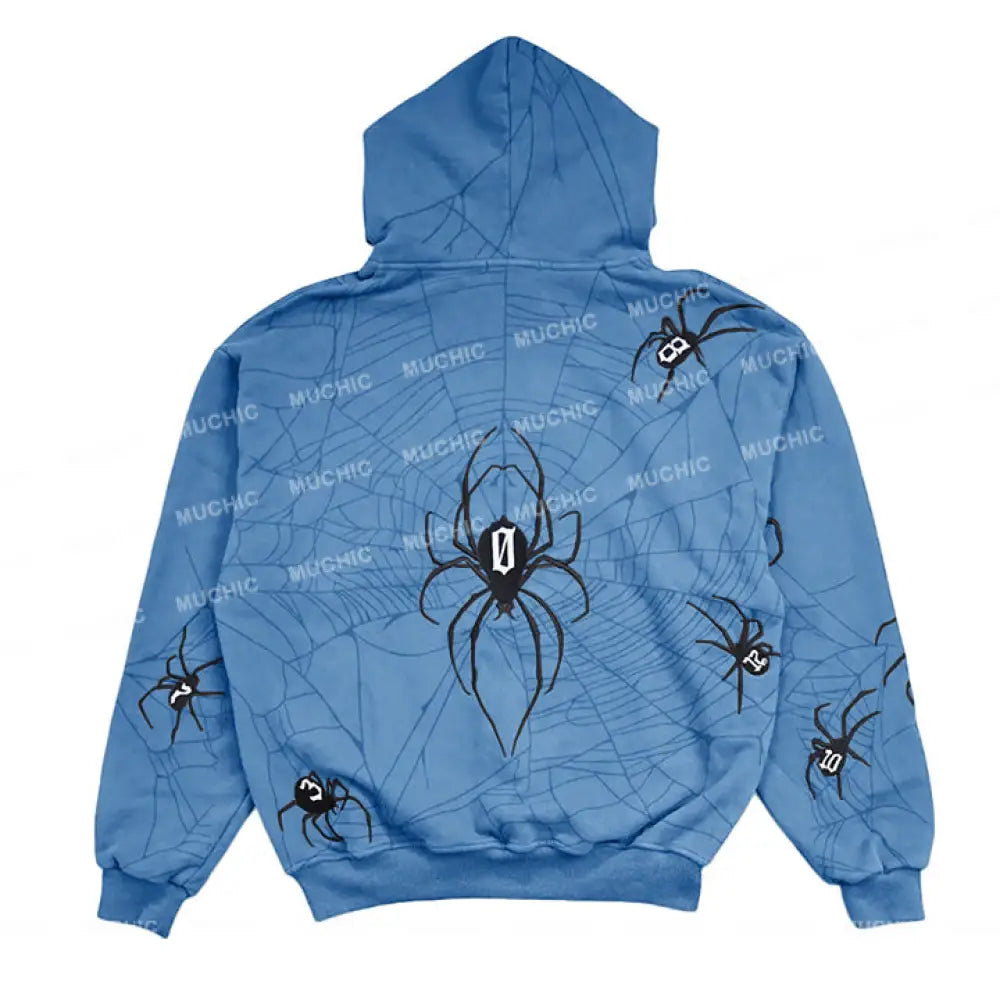 Muchic Unisex Spider Embroidered Long Sleeve Hoodie Sky Blue / S Hoodies-Sweatshirts