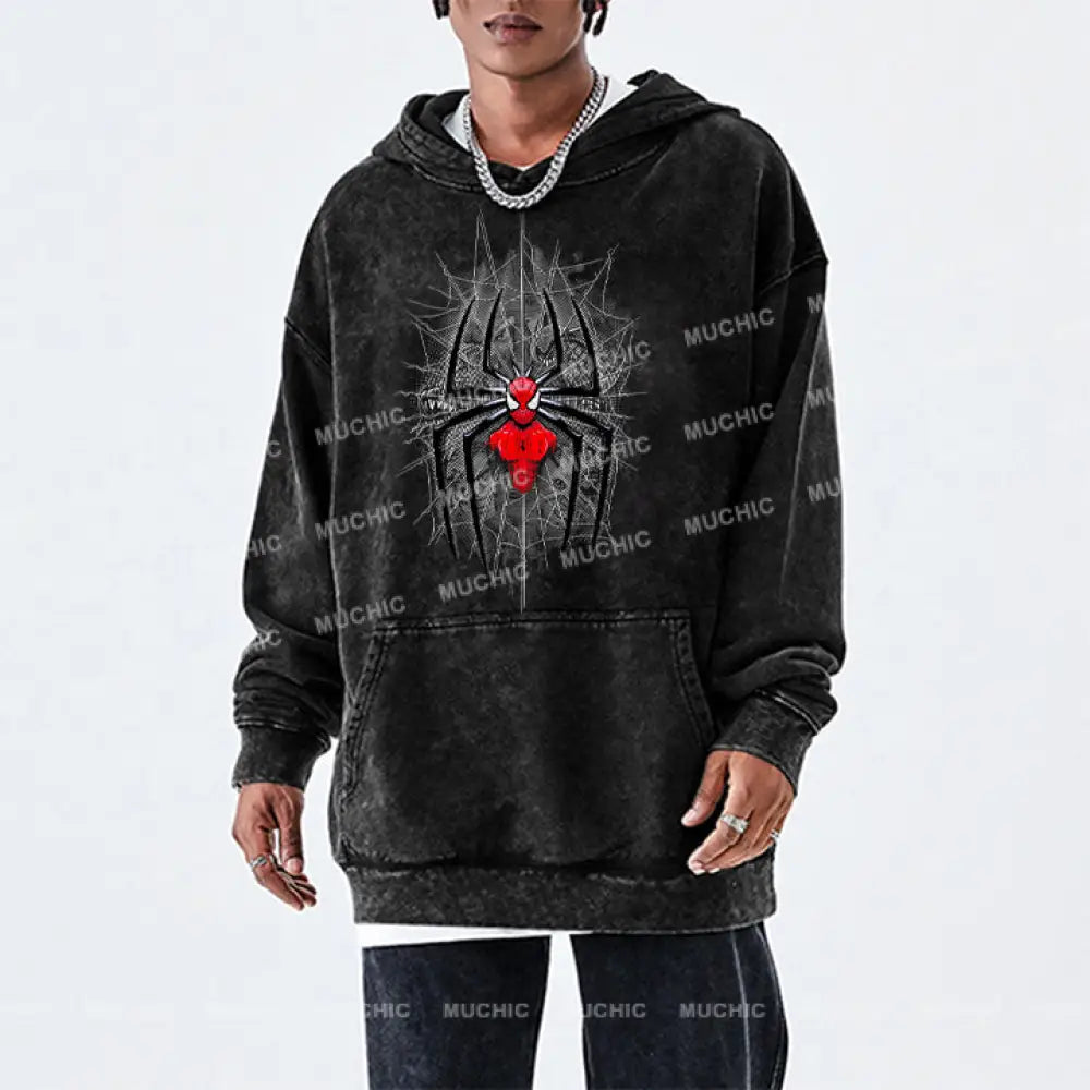 Muchic Unisex ’Spider’ Funny Cartoon Retro Fashion Graphic Print Long Sleeve Hooded Sweater