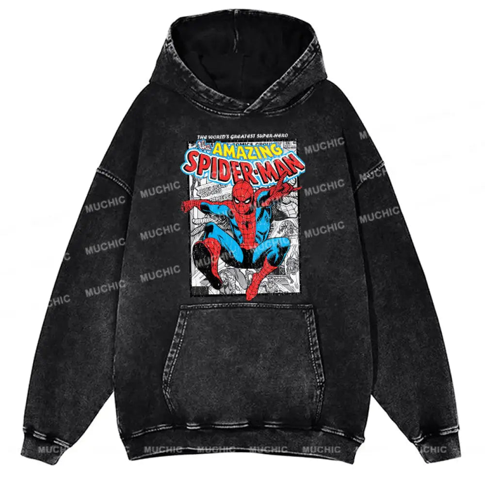 Muchic Unisex ’Spider-Man’ Funny Cartoon Retro Fashion Graphic Print Long Sleeve Hooded Sweater