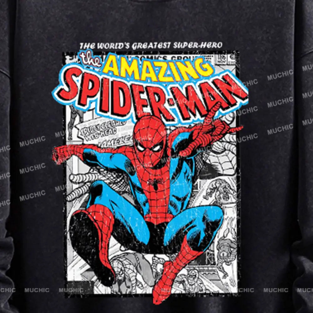 Muchic Unisex ’Spider-Man’ Funny Cartoon Retro Fashion Graphic Print Long Sleeve Hooded Sweater