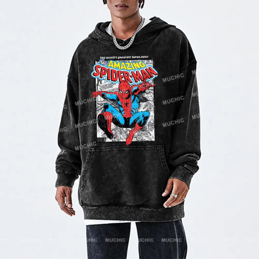 Muchic Unisex ’Spider-Man’ Funny Cartoon Retro Fashion Graphic Print Long Sleeve Hooded Sweater