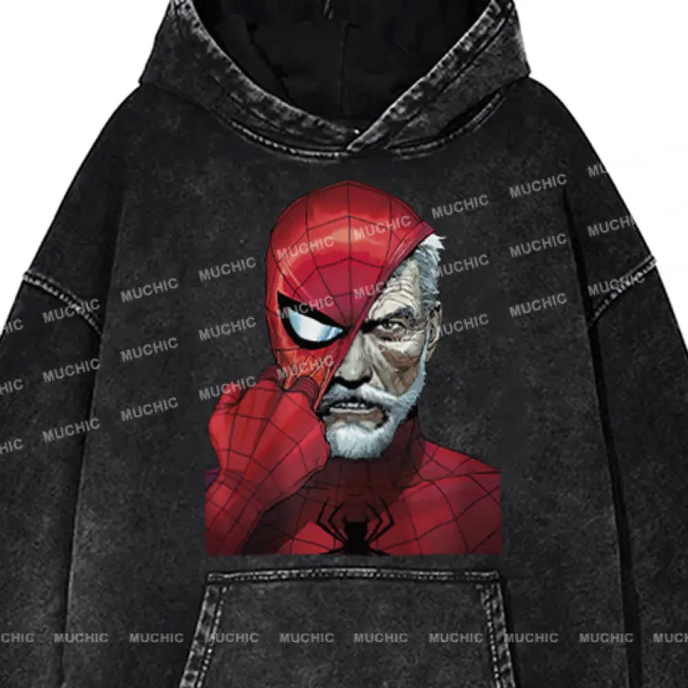 Muchic Unisex ’Spider Mask’ Retro Fashion Graphic Print Long Sleeve Hooded Sweater (T-Shirt)