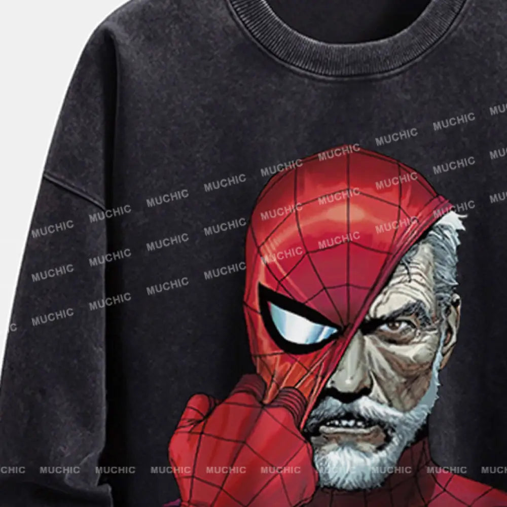 Muchic Unisex ’Spider Mask’ Retro Fashion Graphic Print Long Sleeve Hooded Sweater (T-Shirt)