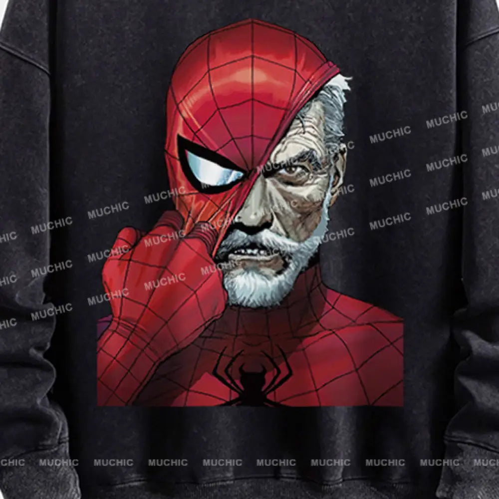 Muchic Unisex ’Spider Mask’ Retro Fashion Graphic Print Long Sleeve Hooded Sweater (T-Shirt)