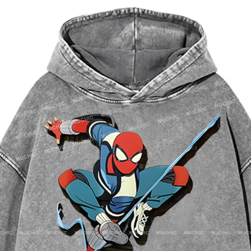 Muchic Unisex ’Spider Tiaoyue’ Funny Cartoon Retro Fashion Pattern Printed Long Sleeve Hooded