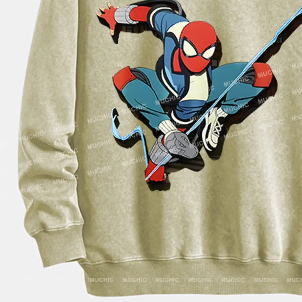 Muchic Unisex ’Spider Tiaoyue’ Funny Cartoon Retro Fashion Pattern Printed Long Sleeve Hooded