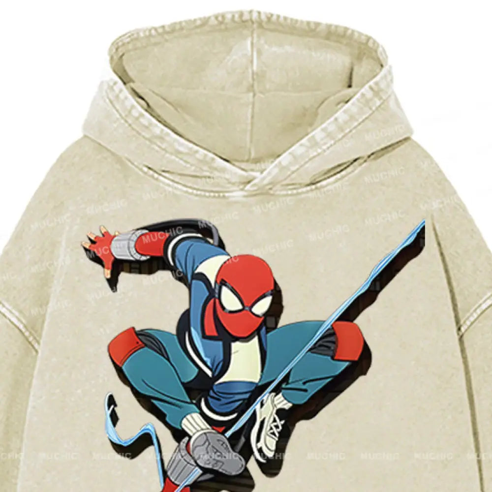 Muchic Unisex ’Spider Tiaoyue’ Funny Cartoon Retro Fashion Pattern Printed Long Sleeve Hooded