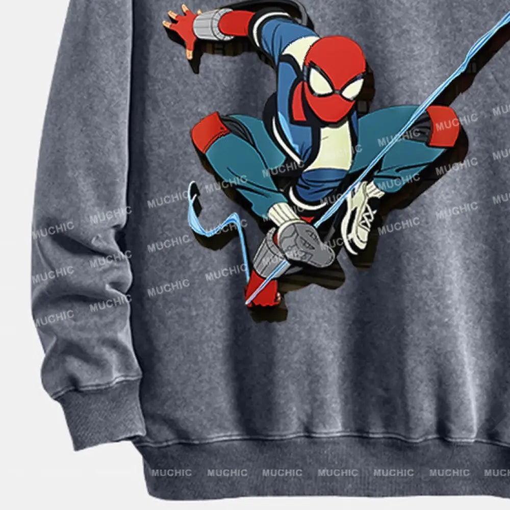 Muchic Unisex ’Spider Tiaoyue’ Funny Cartoon Retro Fashion Pattern Printed Long Sleeve Hooded