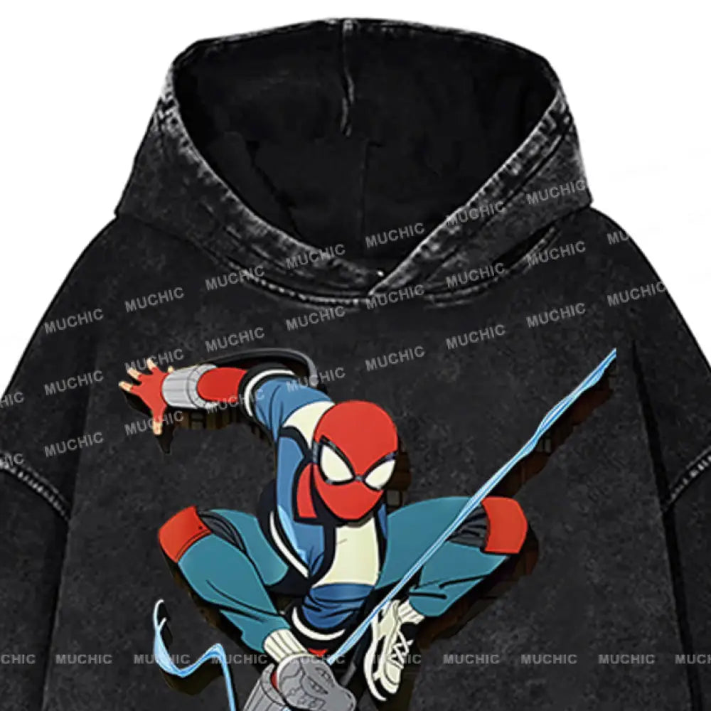 Muchic Unisex ’Spider Tiaoyue’ Funny Cartoon Retro Fashion Pattern Printed Long Sleeve Hooded