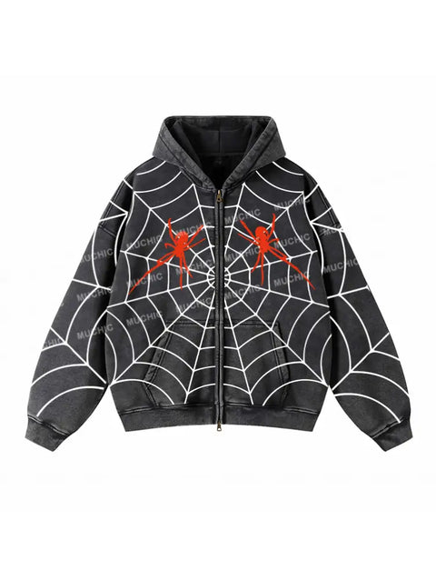 Muchic Unisex "Spider Web All Over" Fashion Graphic Print Long Sleeve  Plush Thickening Hoodie