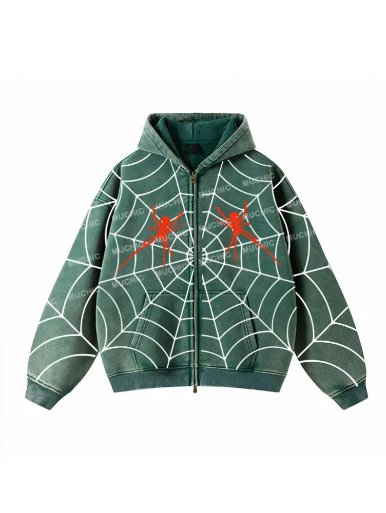 Muchic Unisex ’Spider Web All Over’ Fashion Graphic Print Long Sleeve Hoodie Green / S