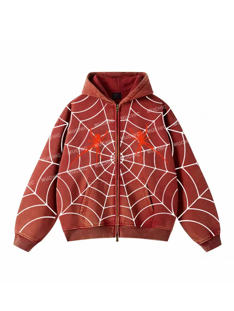 Muchic Unisex ’Spider Web All Over’ Fashion Graphic Print Long Sleeve Hoodie Red / S