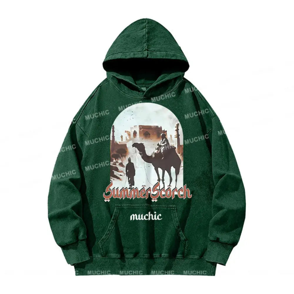 Muchic Unisex Summer Scorch Washed Graphic Long Sleeve Hoodie Green / S Hoodies-Sweatshirts