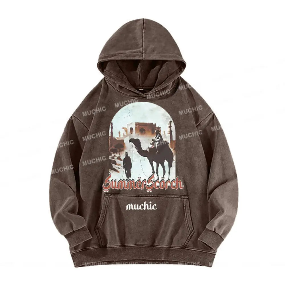 Muchic Unisex Summer Scorch Washed Graphic Long Sleeve Hoodie Brown / S Hoodies-Sweatshirts