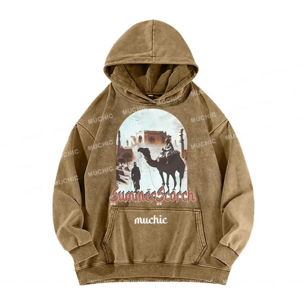 Muchic Unisex Summer Scorch Washed Graphic Long Sleeve Hoodie Beige / S Hoodies-Sweatshirts