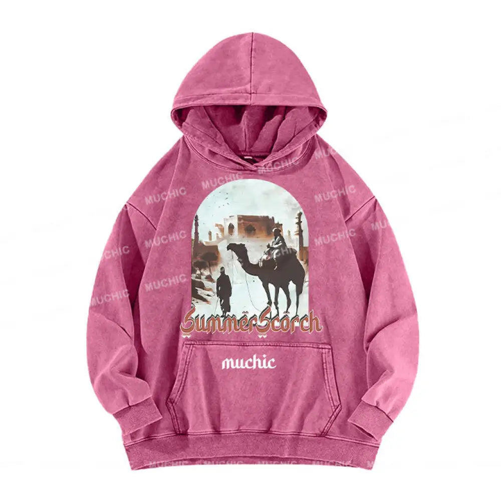 Muchic Unisex Summer Scorch Washed Graphic Long Sleeve Hoodie Pink / S Hoodies-Sweatshirts