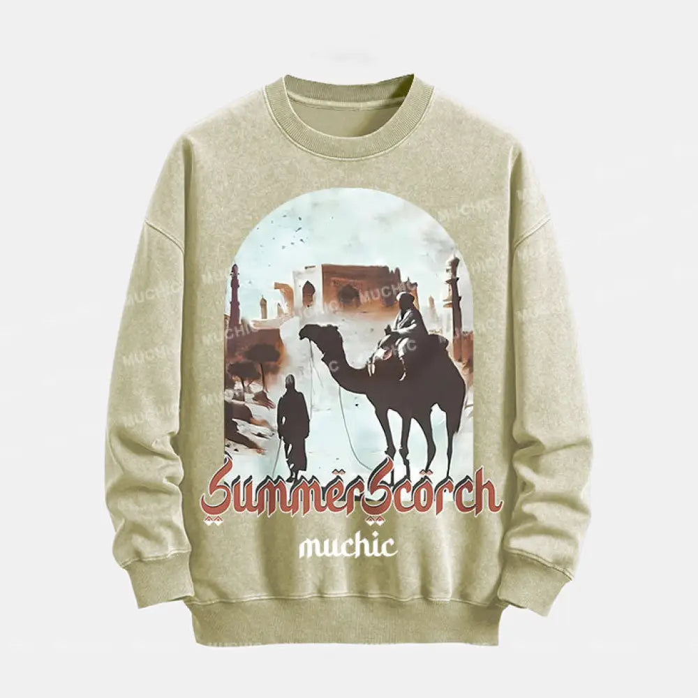 Muchic Unisex Summer Scorch Washed Graphic Print Long Sleeve Crewneck Sweatshirt Apricot / S