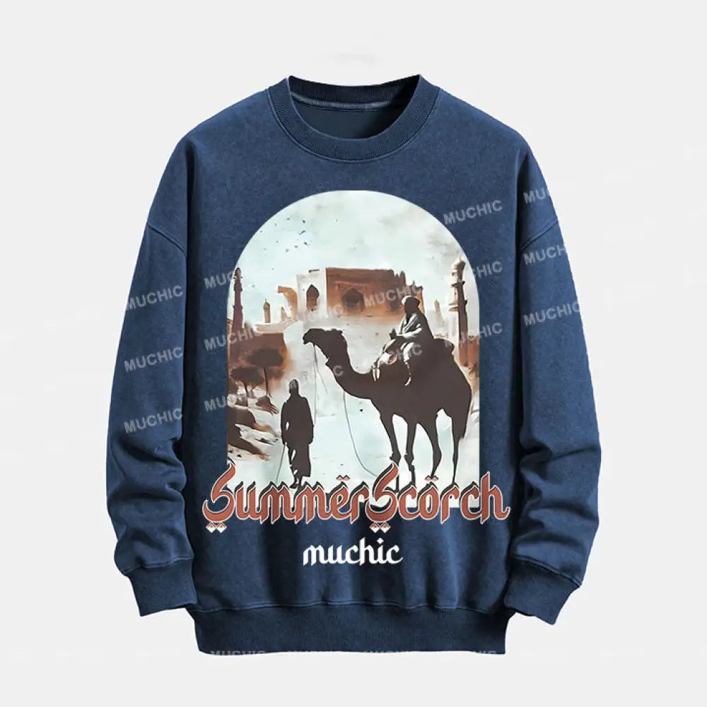 Muchic Unisex Summer Scorch Washed Graphic Print Long Sleeve Crewneck Sweatshirt Blue / S