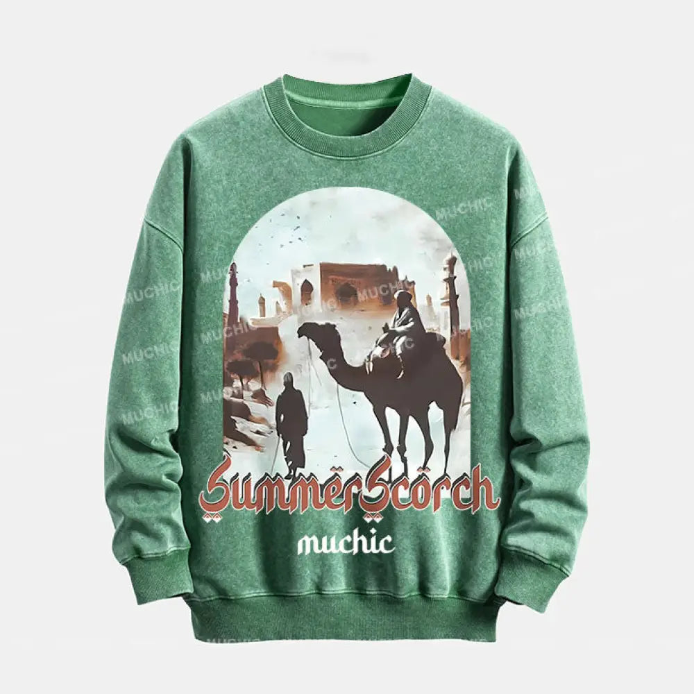 Muchic Unisex Summer Scorch Washed Graphic Print Long Sleeve Crewneck Sweatshirt Green / S