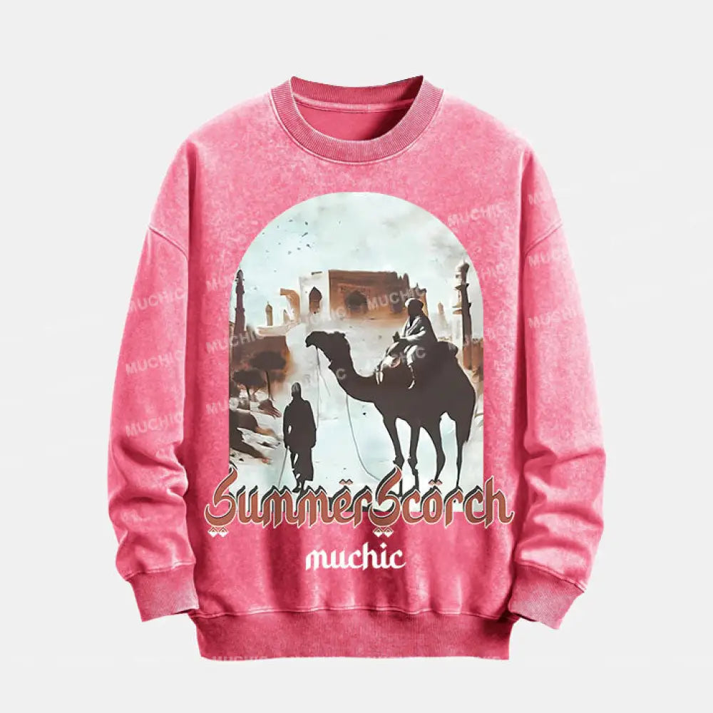 Muchic Unisex Summer Scorch Washed Graphic Print Long Sleeve Crewneck Sweatshirt Pink / S