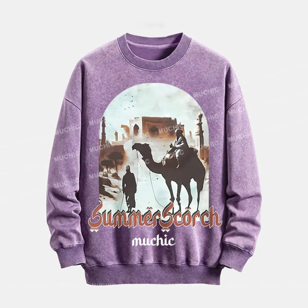 Muchic Unisex Summer Scorch Washed Graphic Print Long Sleeve Crewneck Sweatshirt Purple / S