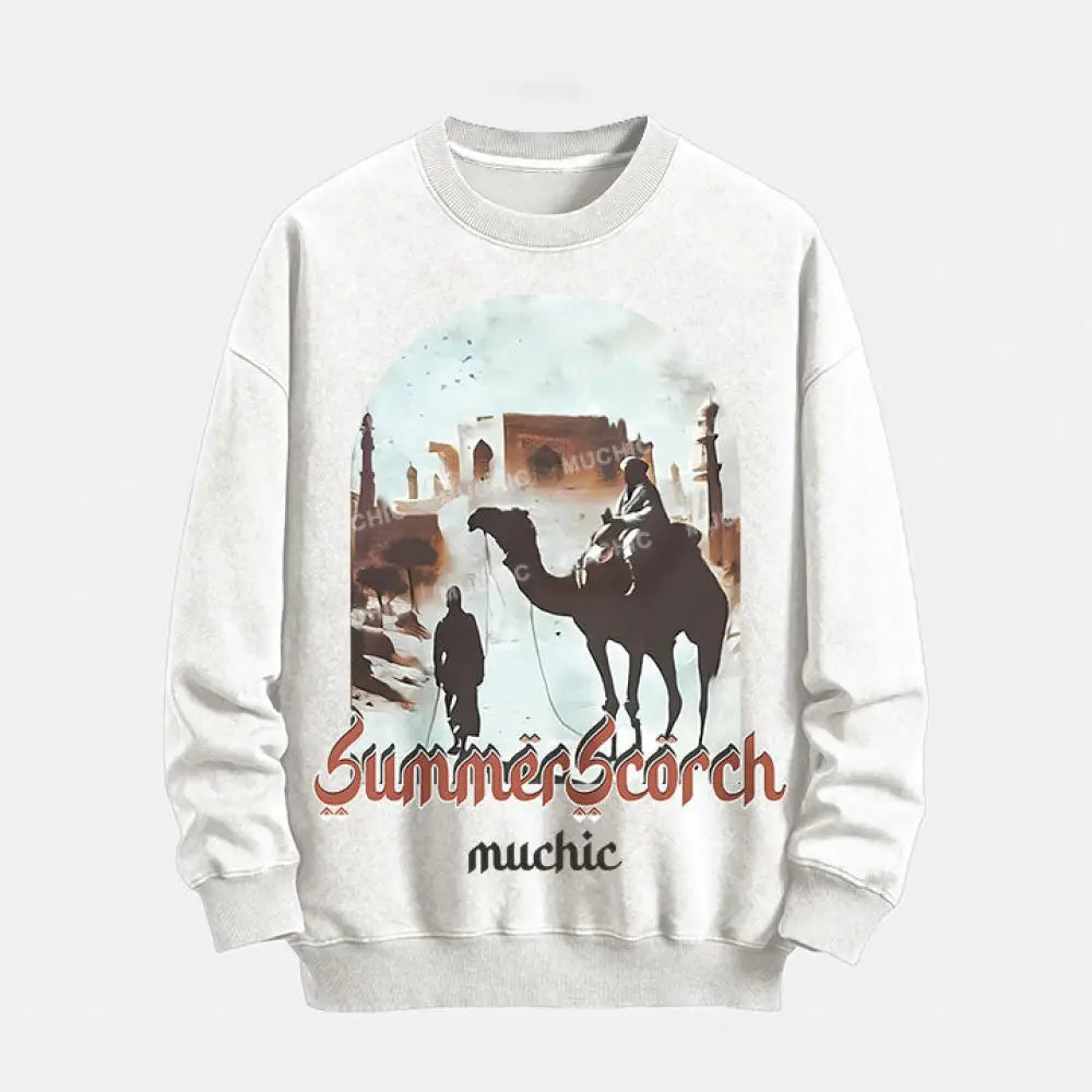 Muchic Unisex Summer Scorch Washed Graphic Print Long Sleeve Crewneck Sweatshirt White / S