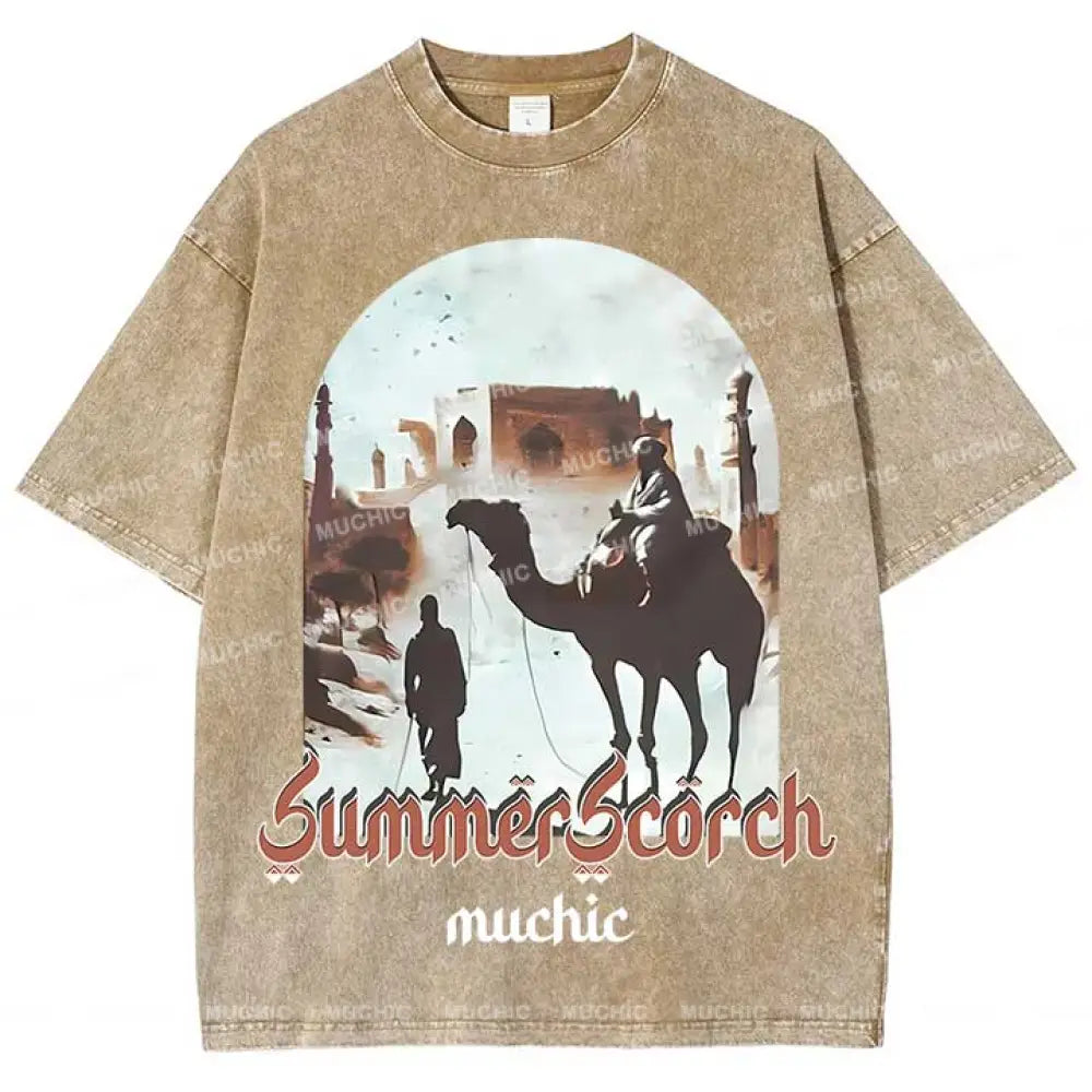 Muchic Unisex ’Summer Scorch’ Washed Graphic Short Sleeve Tee Beige / S T-Shirts