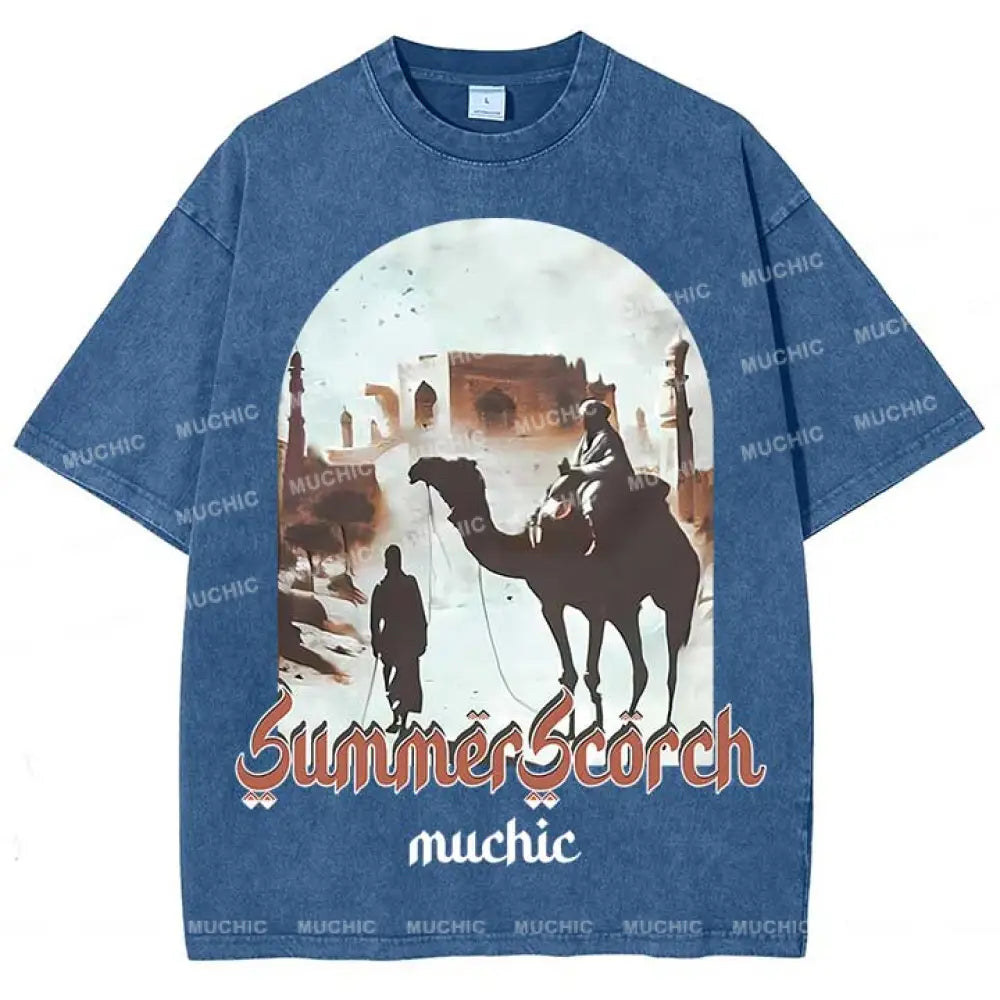 Muchic Unisex ’Summer Scorch’ Washed Graphic Short Sleeve Tee Blue / S T-Shirts