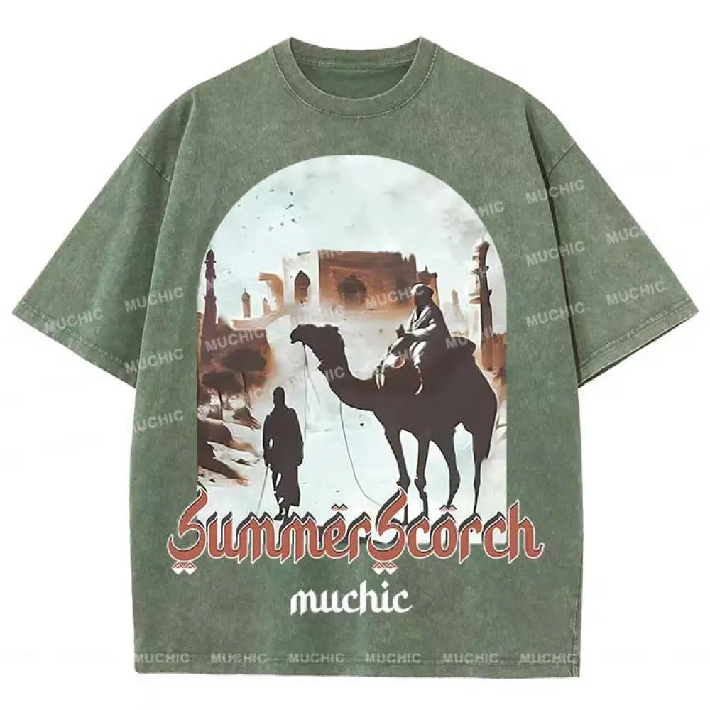 Muchic Unisex ’Summer Scorch’ Washed Graphic Short Sleeve Tee Olive Green / S T-Shirts