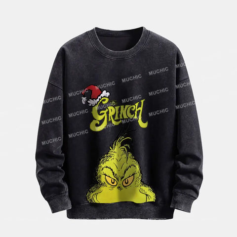 Muchic Unisex "The Grinch" Funny Christmas Cartoon Retro Fashion Graphic Print Long Sleeve Hooded Sweater (T-Shirt)