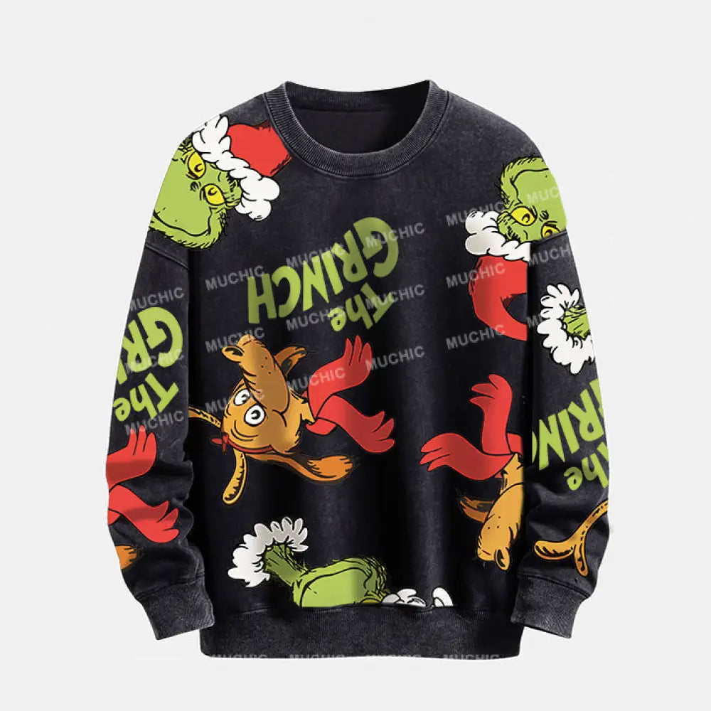 Muchic Unisex ’The Grinch’ Funny Christmas Elk Cartoon Retro Fashion Graphic Print Long Sleeve