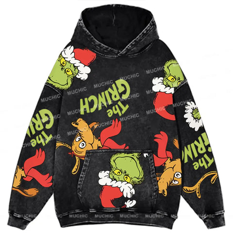 Muchic Unisex "The Grinch" Funny Christmas Elk Cartoon Retro Fashion Graphic Print Long Sleeve Hooded Sweater (T-Shirt)