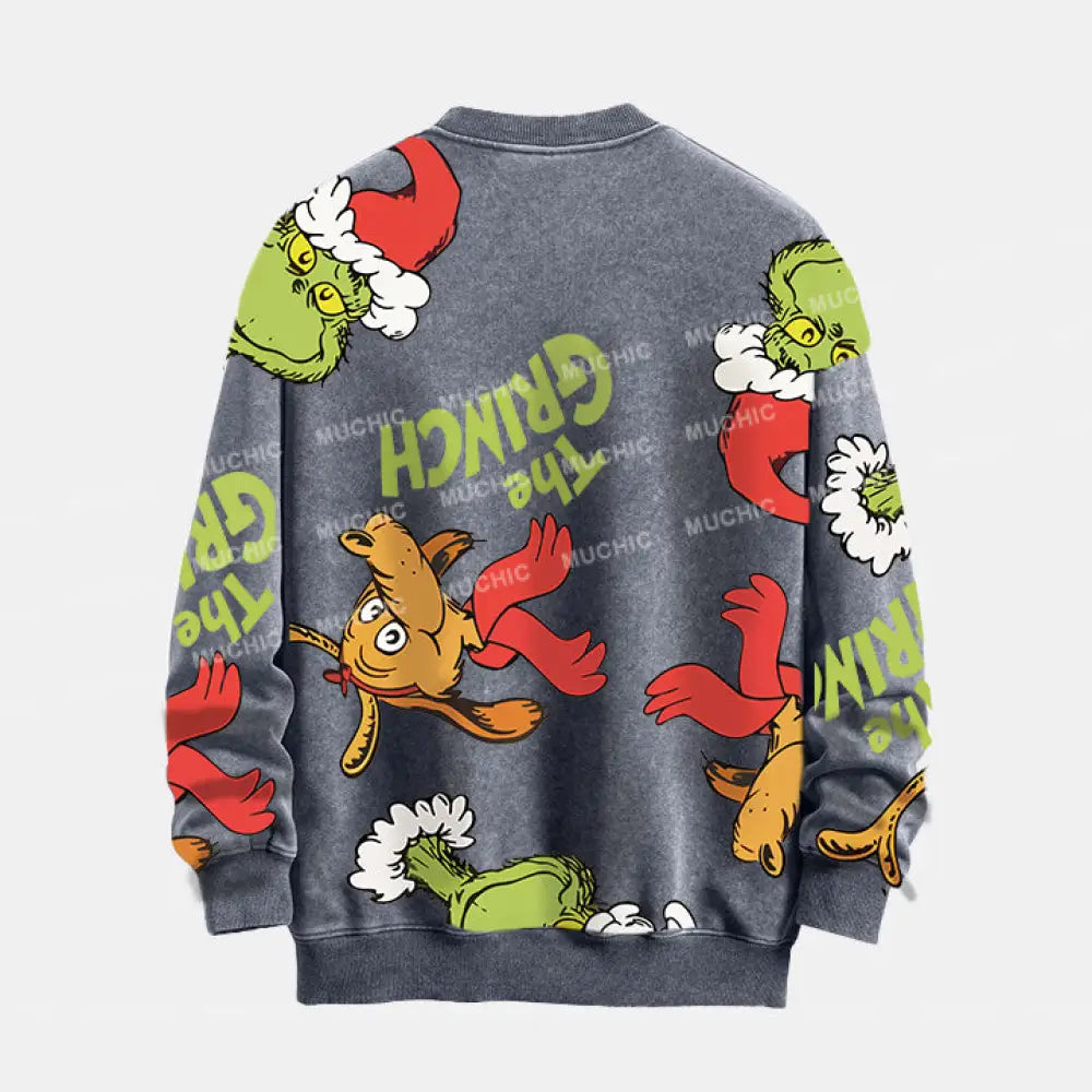 Muchic Unisex ’The Grinch’ Funny Christmas Elk Cartoon Retro Fashion Graphic Print Long Sleeve