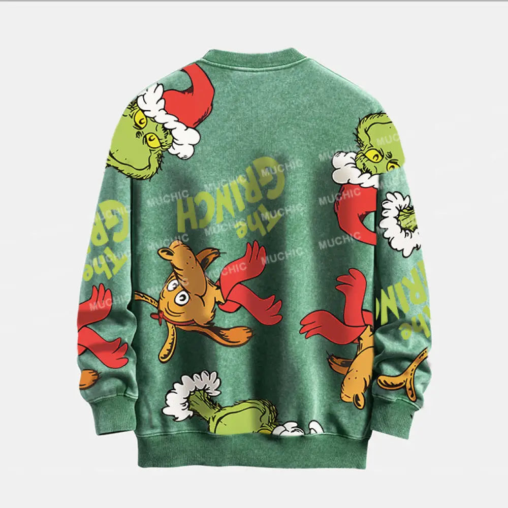 Muchic Unisex ’The Grinch’ Funny Christmas Elk Cartoon Retro Fashion Graphic Print Long Sleeve