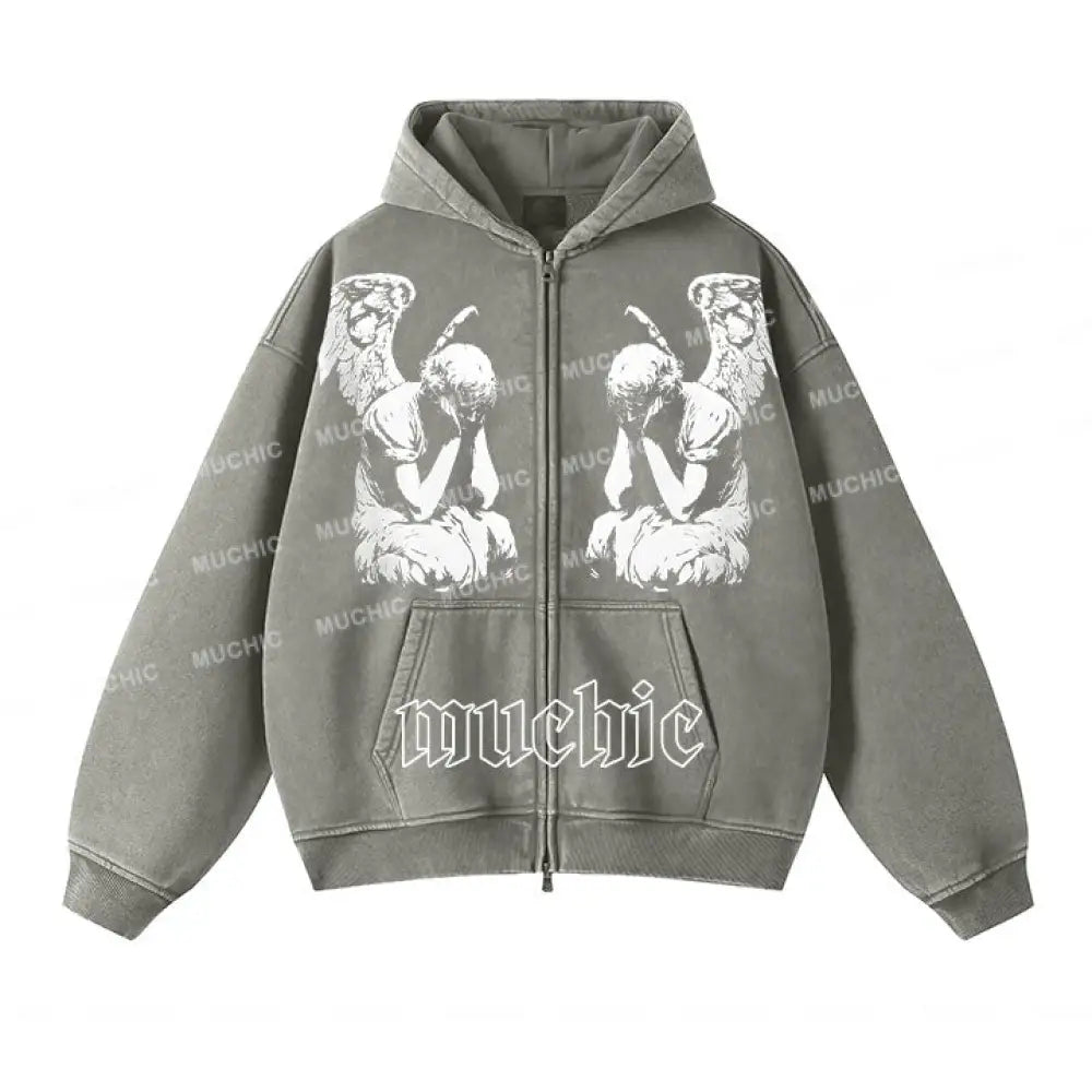 Muchic Unisex ’Thinking’ Portrait Print Long Sleeve Plush Thickening Hoodie Gray Green / S