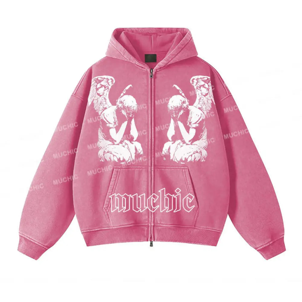 Muchic Unisex ’Thinking’ Portrait Print Long Sleeve Plush Thickening Hoodie Pink / S