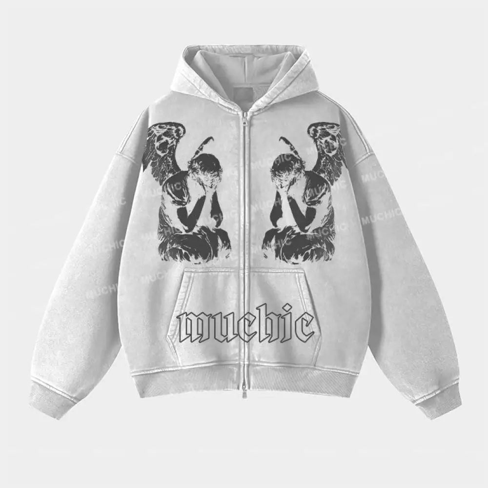 Muchic Unisex ’Thinking’ Portrait Print Long Sleeve Plush Thickening Hoodie White / S