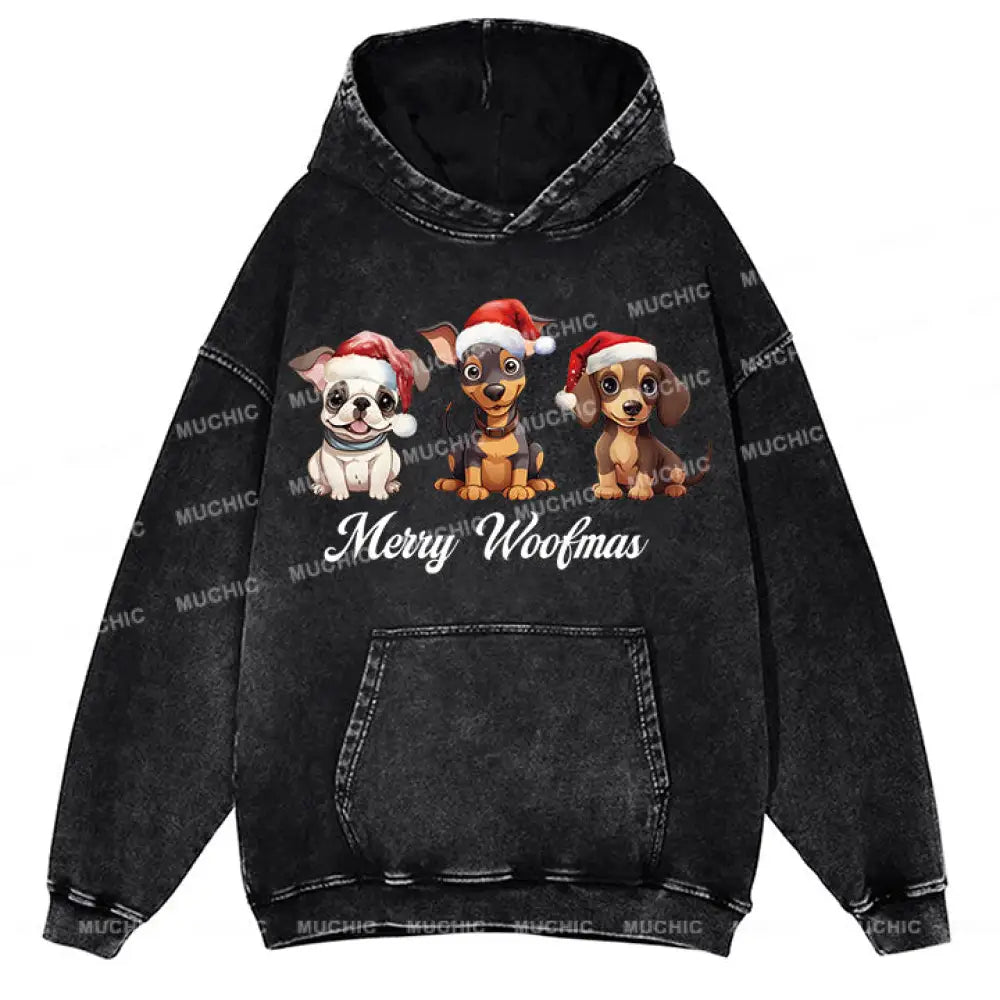 Muchic Unisex ’Three Christmas Puppies’ Fun Graphic Print Long Sleeve Plush Thickening Hooded