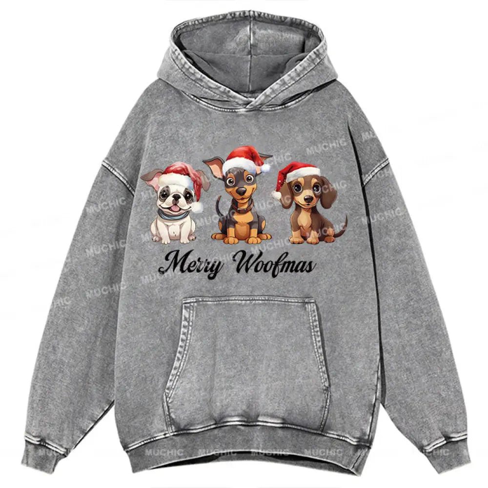 Muchic Unisex ’Three Christmas Puppies’ Fun Graphic Print Long Sleeve Plush Thickening Hooded