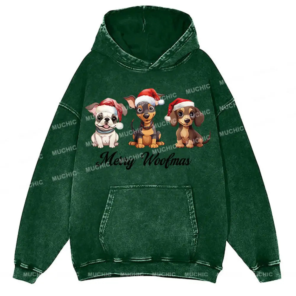 Muchic Unisex ’Three Christmas Puppies’ Fun Graphic Print Long Sleeve Plush Thickening Hooded