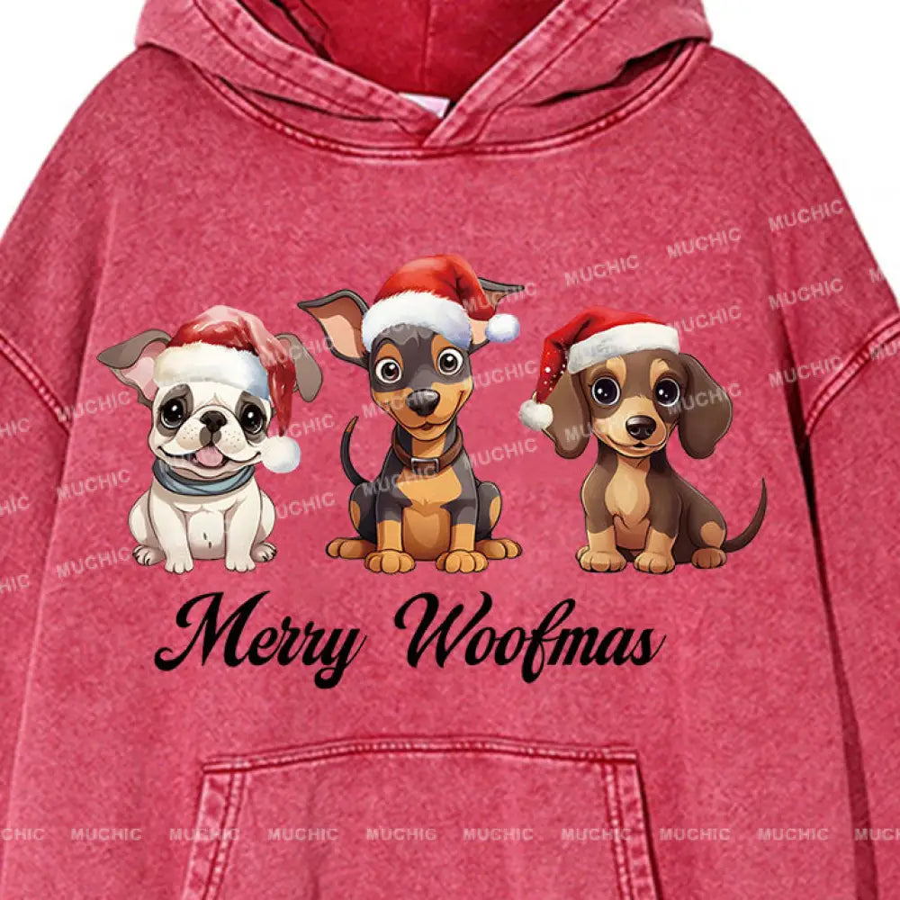 Muchic Unisex ’Three Christmas Puppies’ Fun Graphic Print Long Sleeve Plush Thickening Hooded