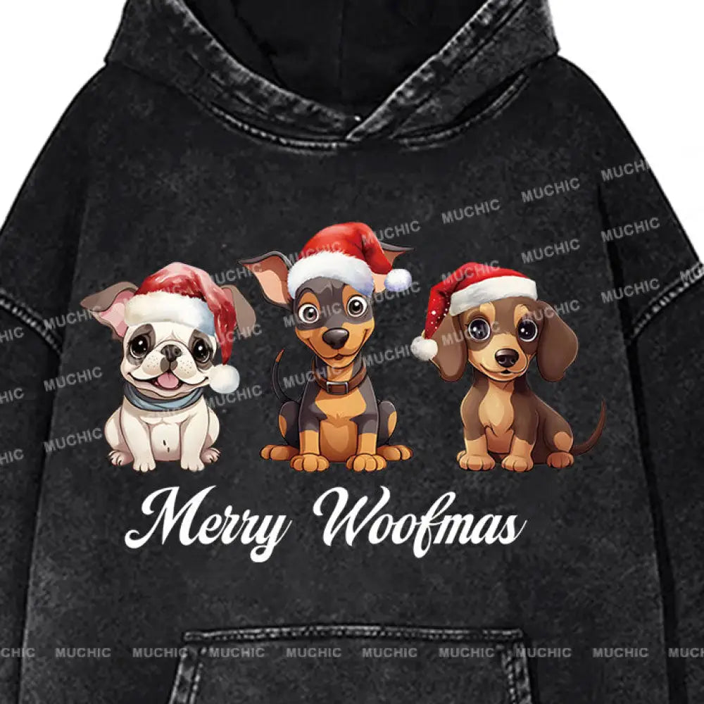 Muchic Unisex ’Three Christmas Puppies’ Fun Graphic Print Long Sleeve Plush Thickening Hooded