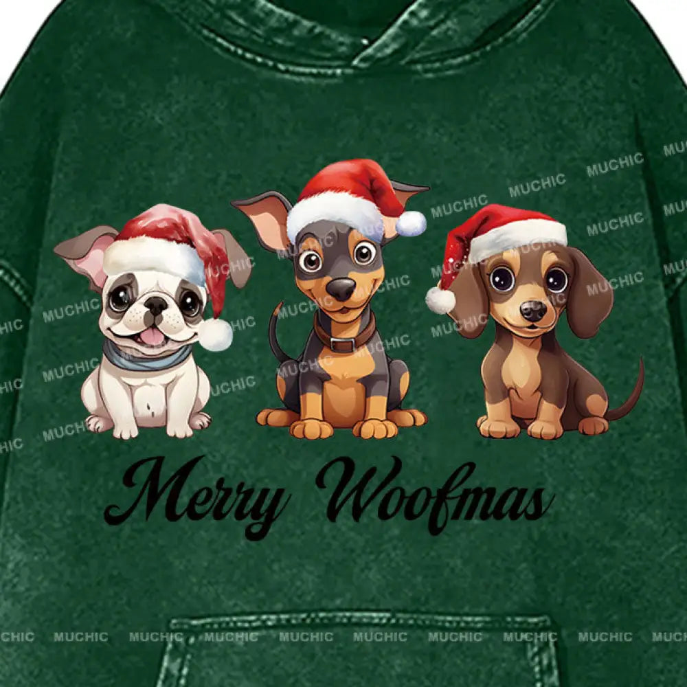 Muchic Unisex ’Three Christmas Puppies’ Fun Graphic Print Long Sleeve Plush Thickening Hooded