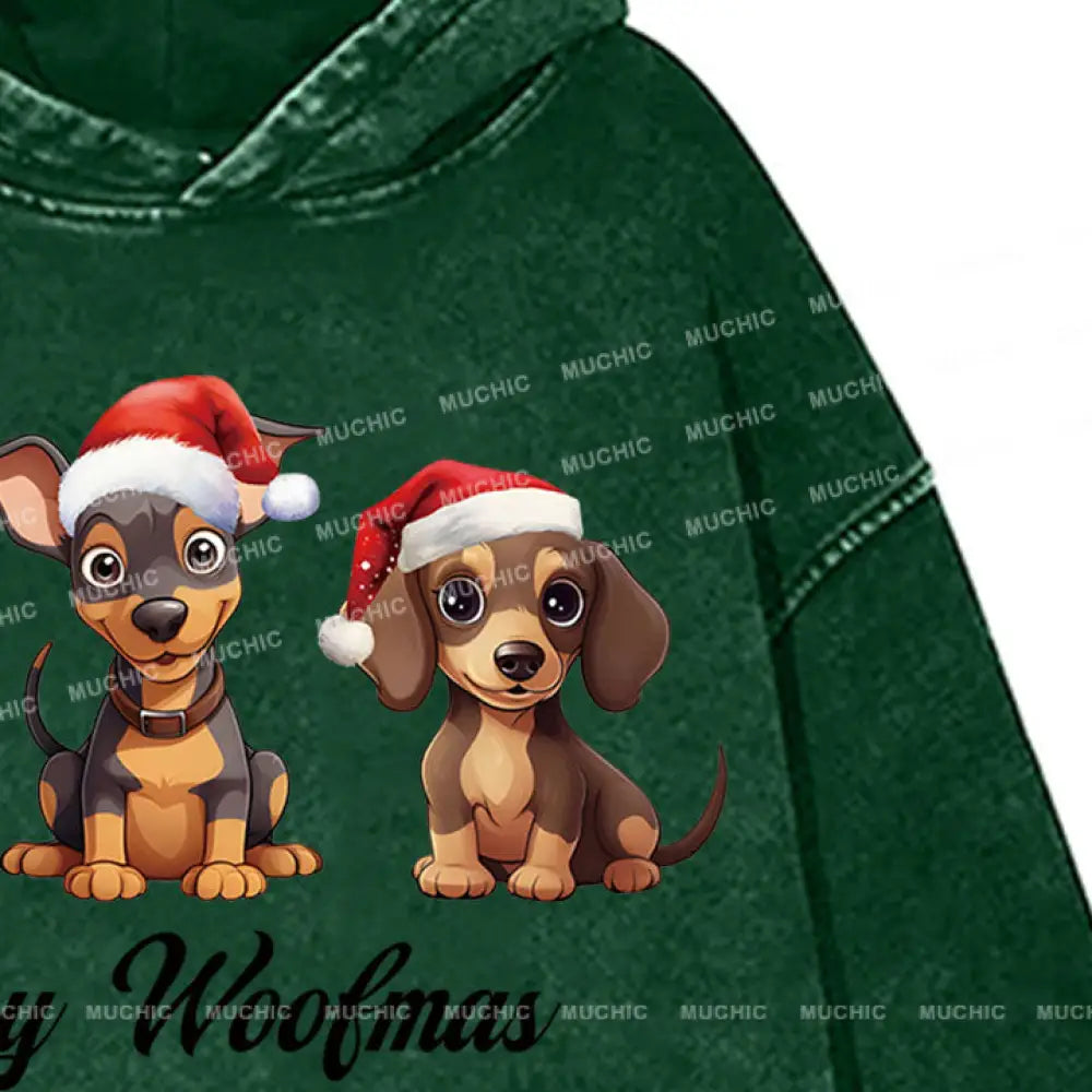 Muchic Unisex ’Three Christmas Puppies’ Fun Graphic Print Long Sleeve Plush Thickening Hooded