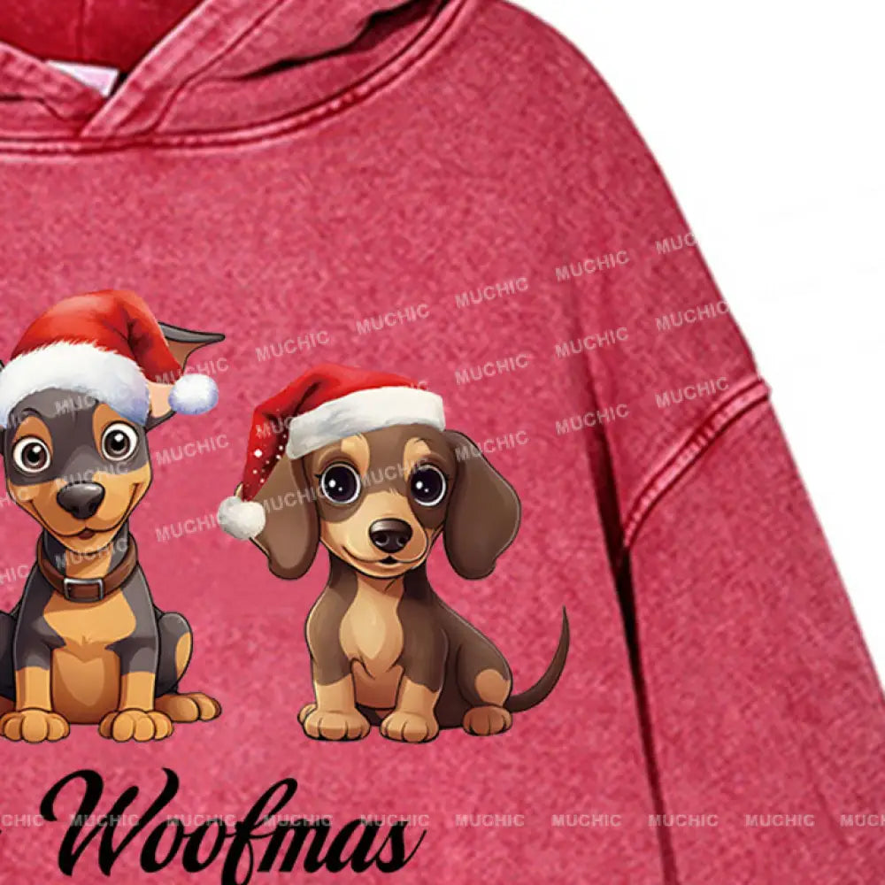 Muchic Unisex ’Three Christmas Puppies’ Fun Graphic Print Long Sleeve Plush Thickening Hooded