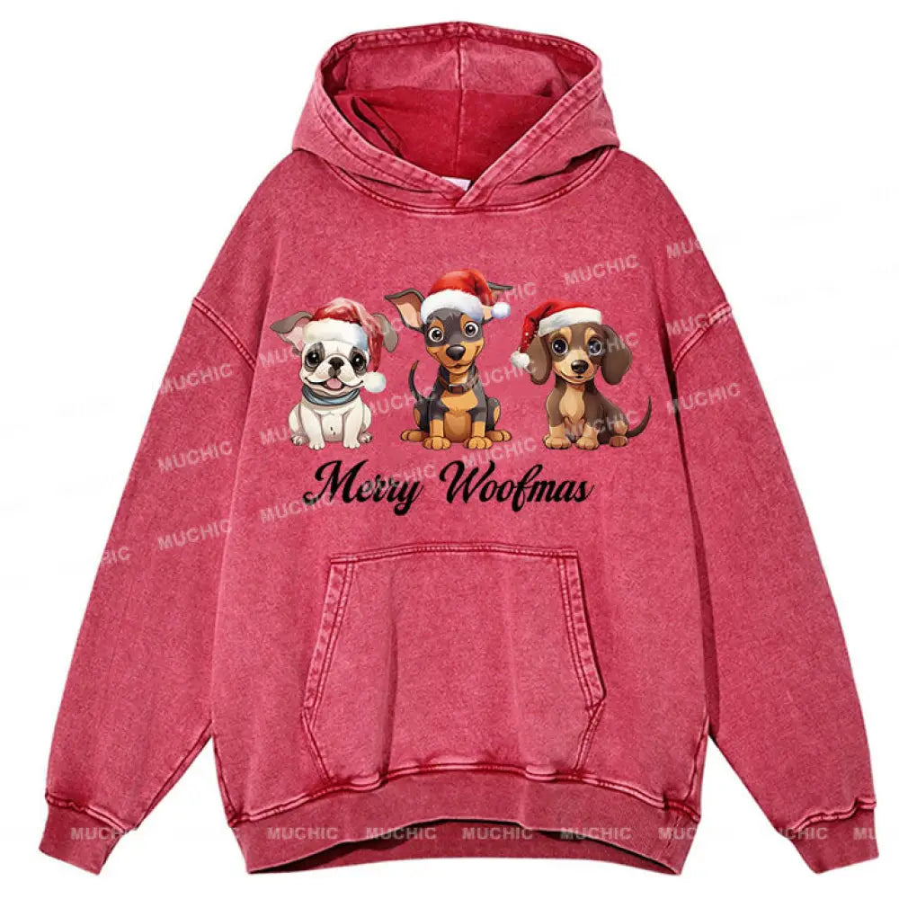 Muchic Unisex ’Three Christmas Puppies’ Fun Graphic Print Long Sleeve Plush Thickening Hooded