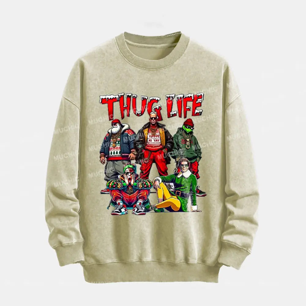 Muchic Unisex ’Thug Life’ Christmas Graphic Long Sleeve Crewneck Sweatshirt Beige / S