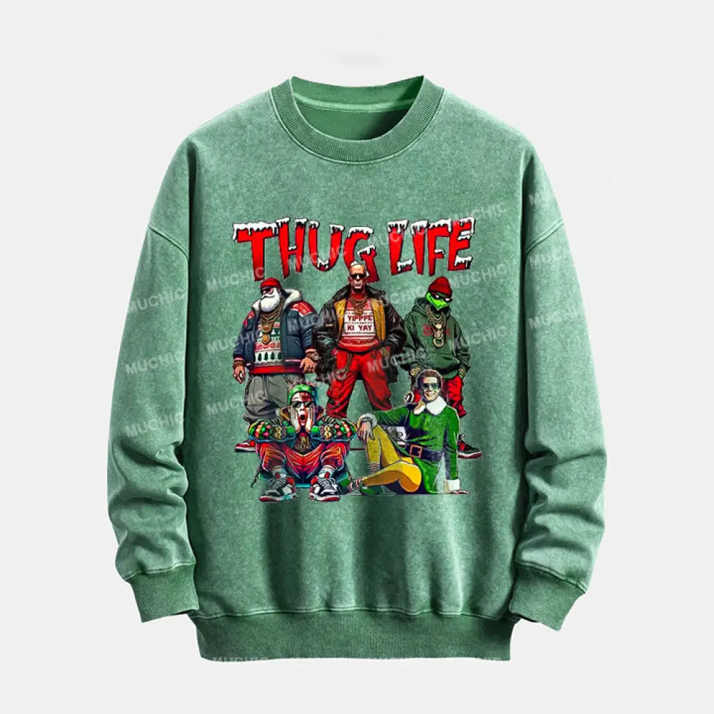 Muchic Unisex ’Thug Life’ Christmas Graphic Long Sleeve Crewneck Sweatshirt Green / S