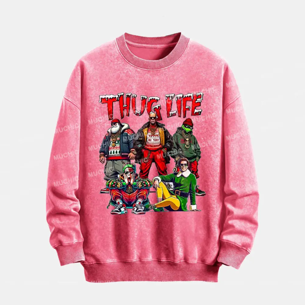 Muchic Unisex ’Thug Life’ Christmas Graphic Long Sleeve Crewneck Sweatshirt Pink / S